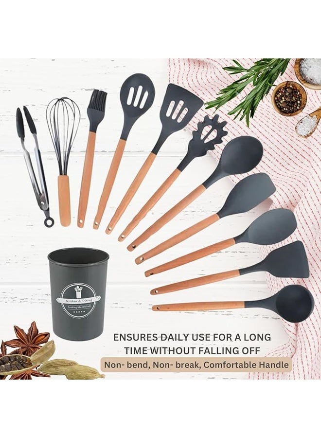 11 Piece Silicone Cooking Utensils Set with Wooden Handles and Cylindrical Holder Heat Resistant and Non Stick Black and Brown - Image 5